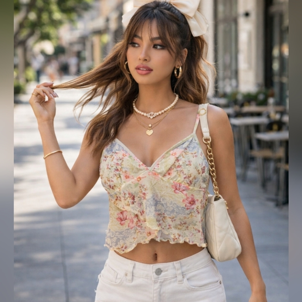 SHEIN Y2K Floral Lace Trim Camisole Fairycore Romantic Sheer Crop Top